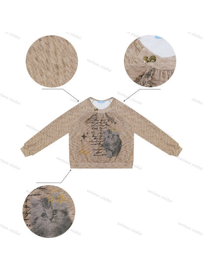 Vintage Distressed Cat Print Khaki Lazy Style Sweatshirt【s0000018924】