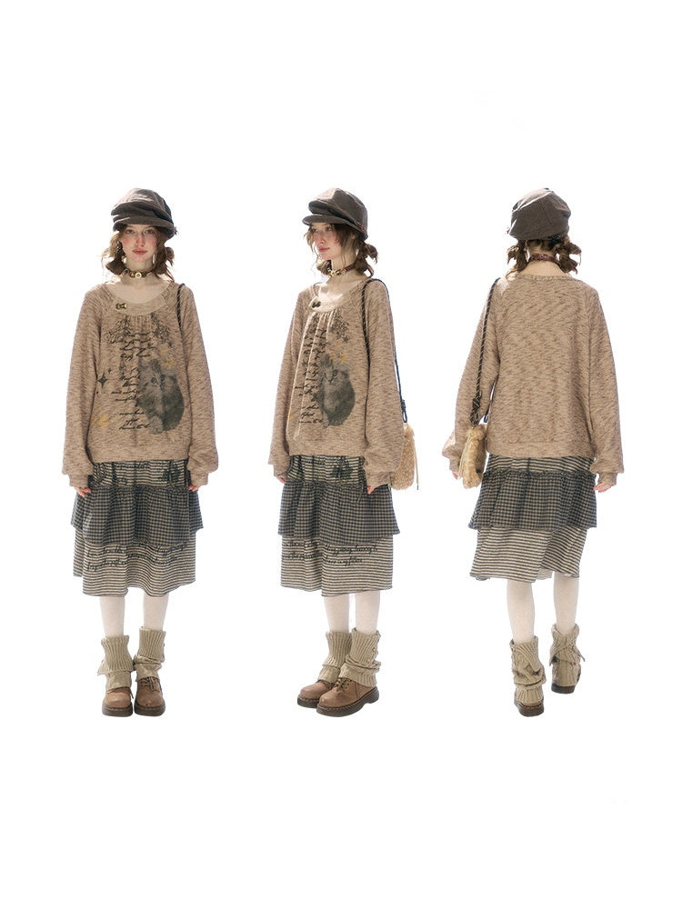 Vintage Distressed Cat Print Khaki Lazy Style Sweatshirt【s0000018924】
