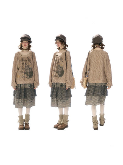 Vintage Distressed Cat Print Khaki Lazy Style Sweatshirt【s0000018924】