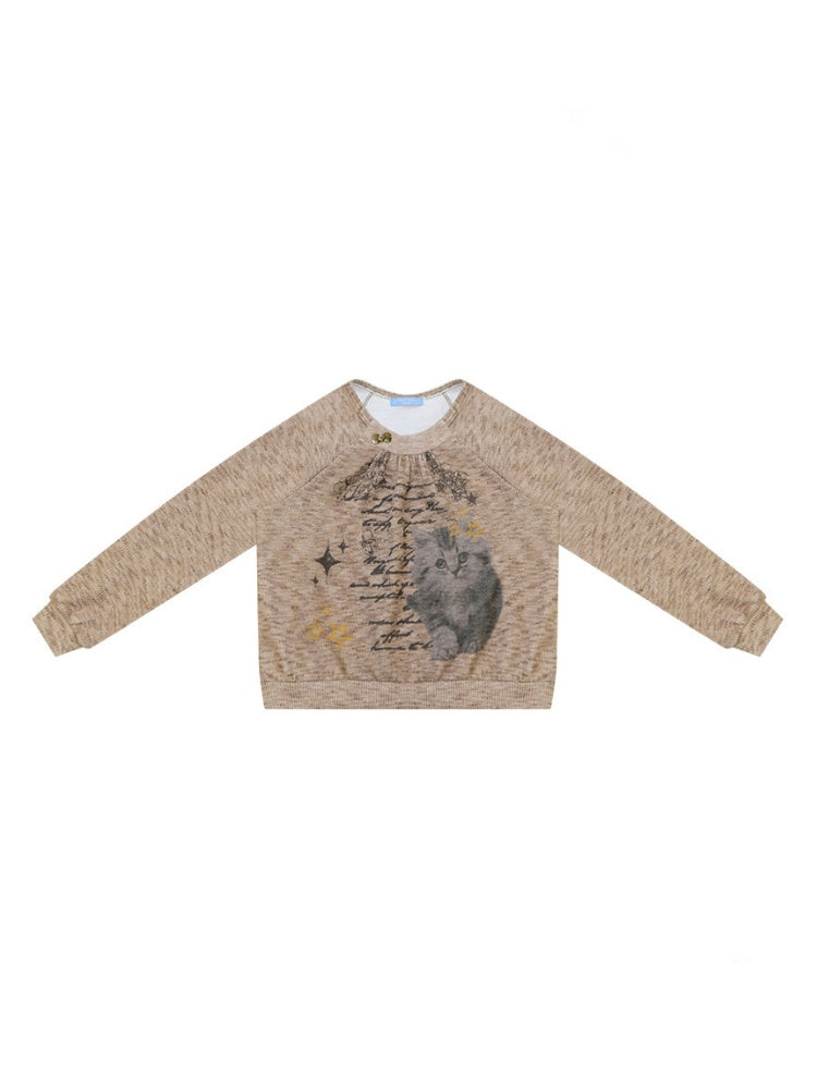 Vintage Distressed Cat Print Khaki Lazy Style Sweatshirt【s0000018924】
