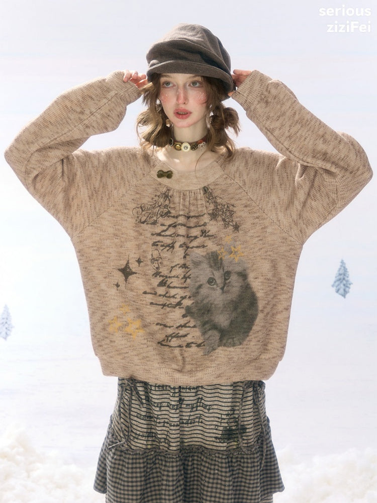 Vintage Distressed Cat Print Khaki Lazy Style Sweatshirt【s0000018924】