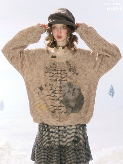 Vintage Distressed Cat Print Khaki Lazy Style Sweatshirt【s0000018924】