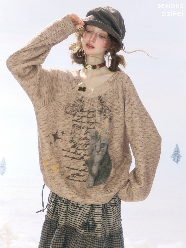 Vintage Distressed Cat Print Khaki Lazy Style Sweatshirt【s0000018924】