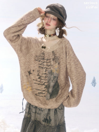 Vintage Distressed Cat Print Khaki Lazy Style Sweatshirt【s0000018924】