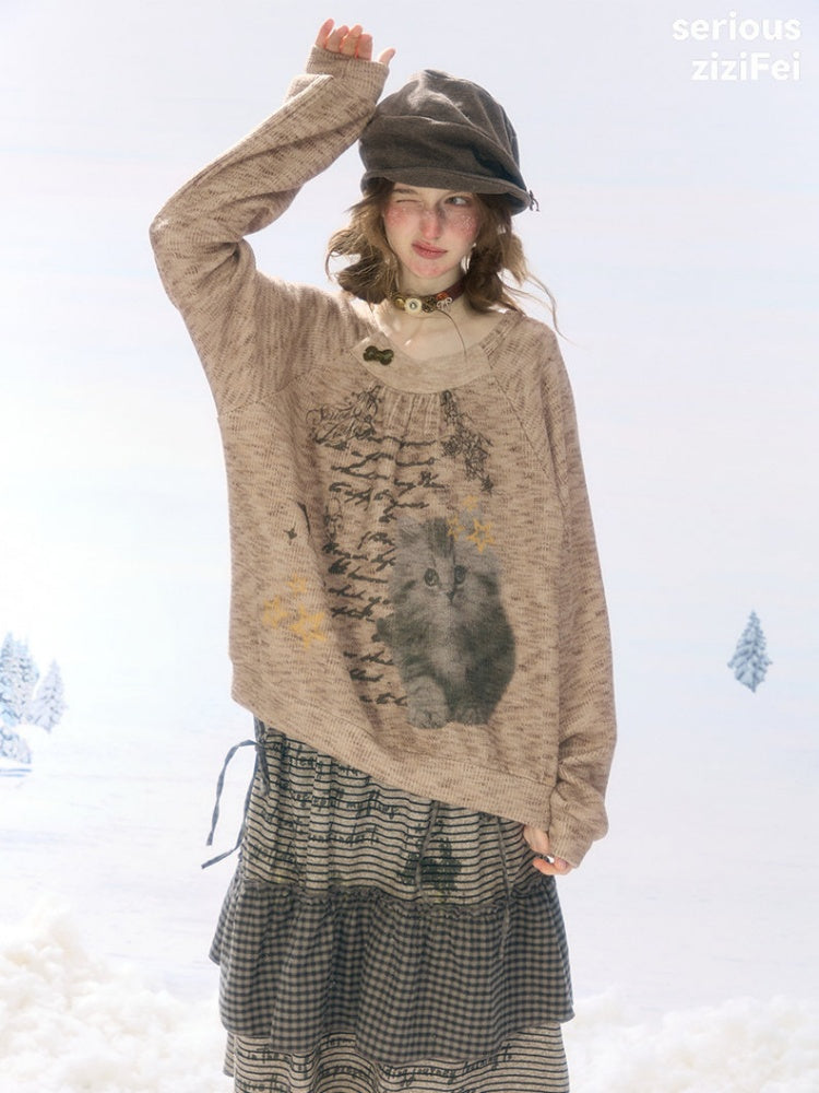 Vintage Distressed Cat Print Khaki Lazy Style Sweatshirt【s0000018924】