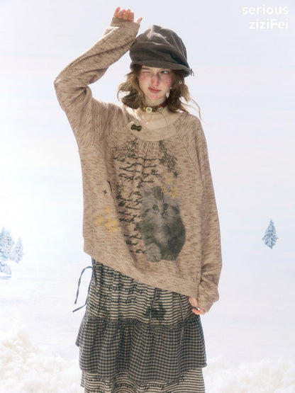 Vintage Distressed Cat Print Khaki Lazy Style Sweatshirt【s0000018924】