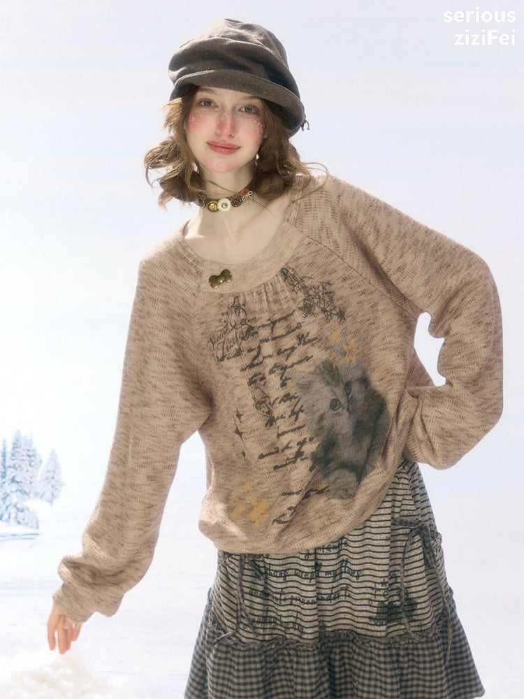 Vintage Distressed Cat Print Khaki Lazy Style Sweatshirt【s0000018924】