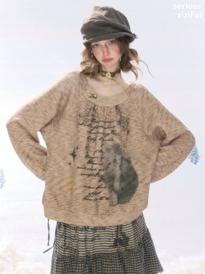 Vintage Distressed Cat Print Khaki Lazy Style Sweatshirt【s0000018924】