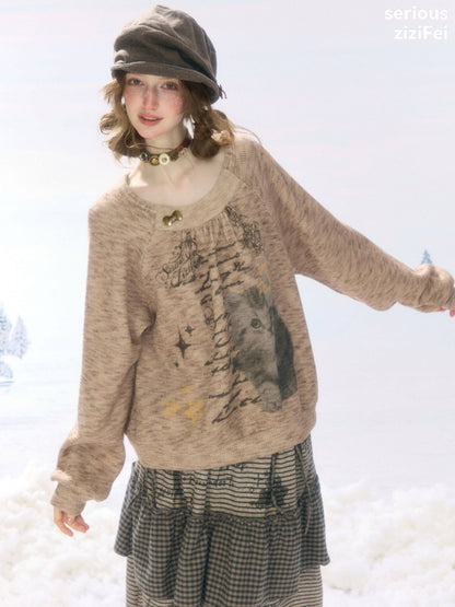 Vintage Distressed Cat Print Khaki Lazy Style Sweatshirt【s0000018924】