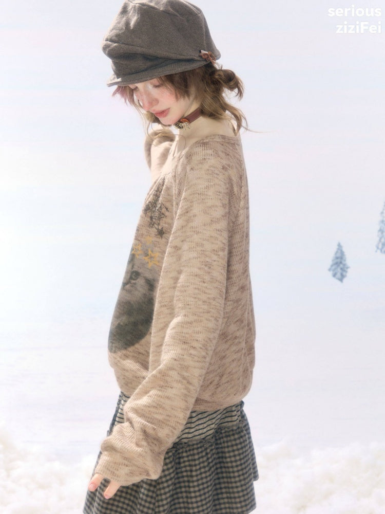 Vintage Distressed Cat Print Khaki Lazy Style Sweatshirt【s0000018924】
