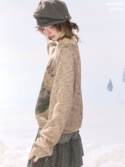 Vintage Distressed Cat Print Khaki Lazy Style Sweatshirt【s0000018924】