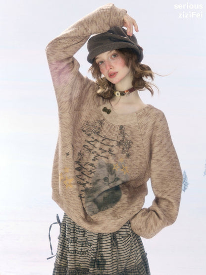 Vintage Distressed Cat Print Khaki Lazy Style Sweatshirt【s0000018924】