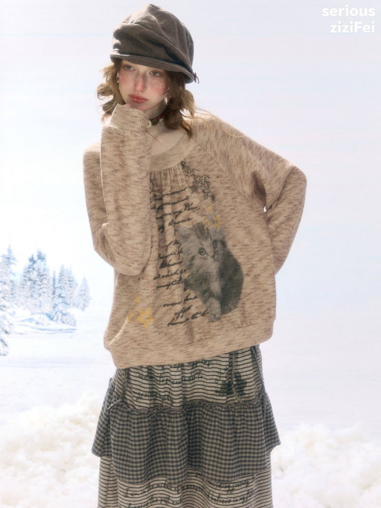 Vintage Distressed Cat Print Khaki Lazy Style Sweatshirt【s0000018924】