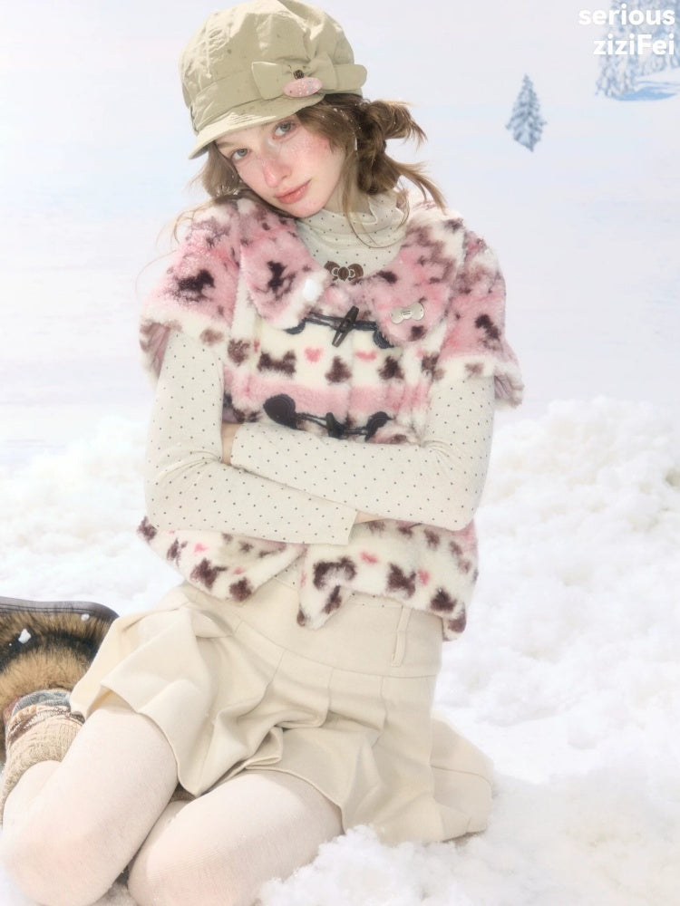 Toggle Button Fuzzy Pink Short Sleeve Vest【s0000018925】