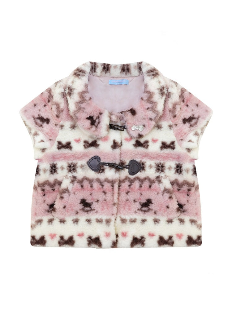 Toggle Button Fuzzy Pink Short Sleeve Vest【s0000018925】