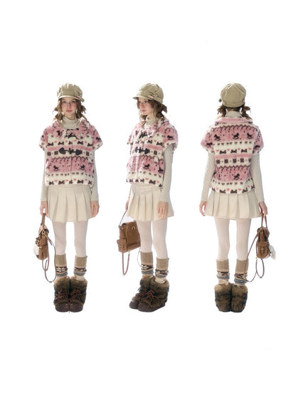 Toggle Button Fuzzy Pink Short Sleeve Vest【s0000018925】