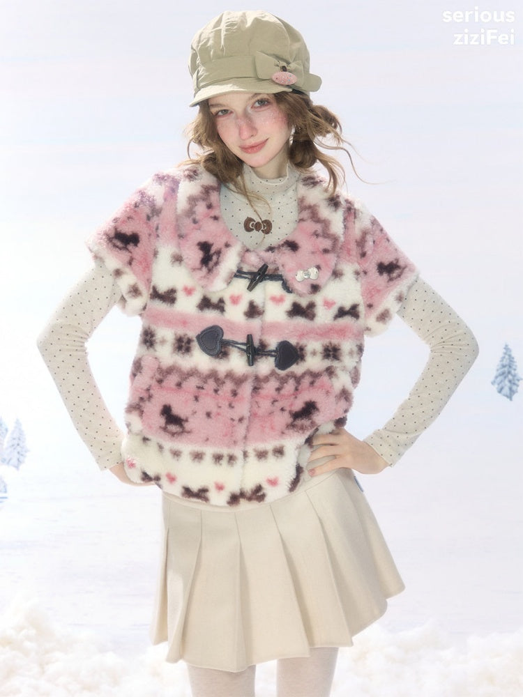 Toggle Button Fuzzy Pink Short Sleeve Vest【s0000018925】