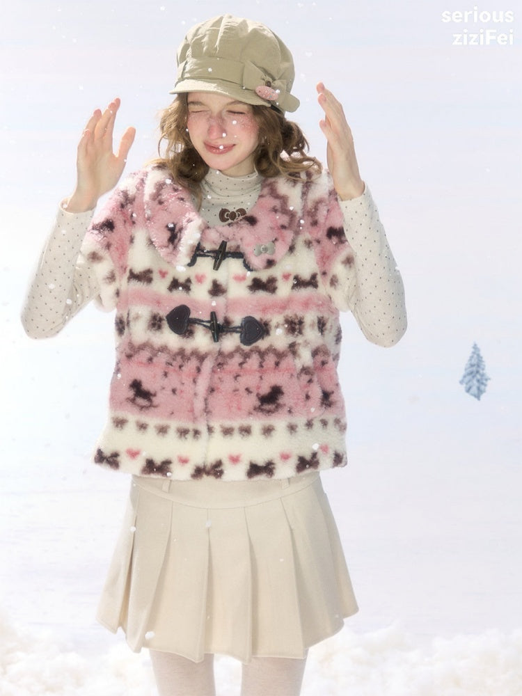 Toggle Button Fuzzy Pink Short Sleeve Vest【s0000018925】