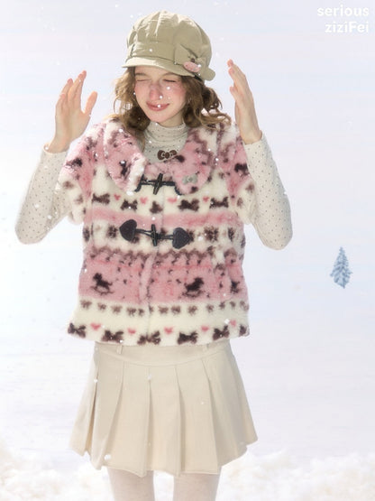 Toggle Button Fuzzy Pink Short Sleeve Vest【s0000018925】