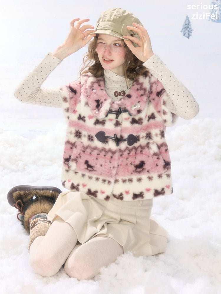 Toggle Button Fuzzy Pink Short Sleeve Vest【s0000018925】
