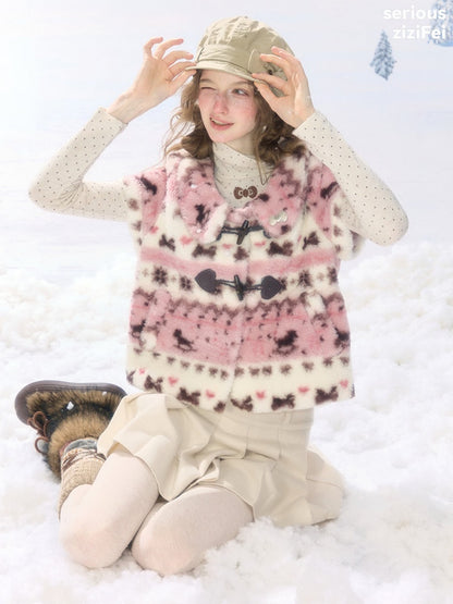 Toggle Button Fuzzy Pink Short Sleeve Vest【s0000018925】