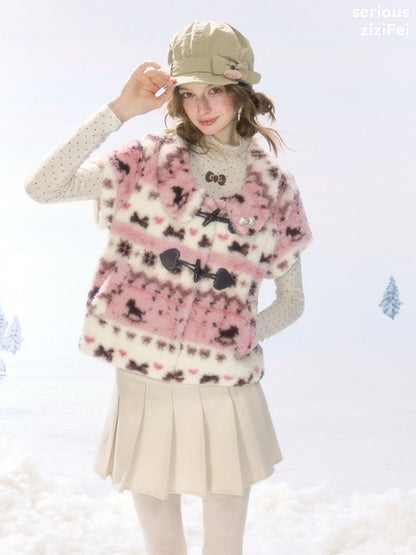 Toggle Button Fuzzy Pink Short Sleeve Vest【s0000018925】