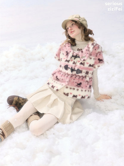 Toggle Button Fuzzy Pink Short Sleeve Vest【s0000018925】