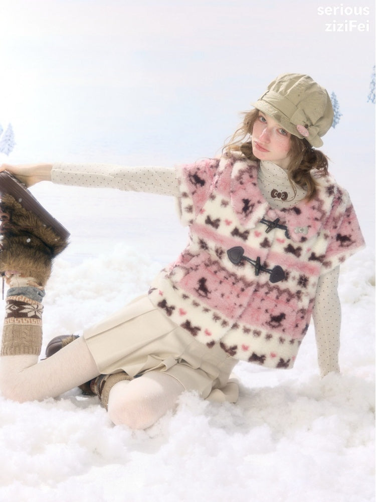 Toggle Button Fuzzy Pink Short Sleeve Vest【s0000018925】