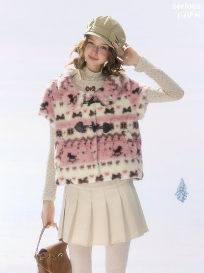 Toggle Button Fuzzy Pink Short Sleeve Vest【s0000018925】