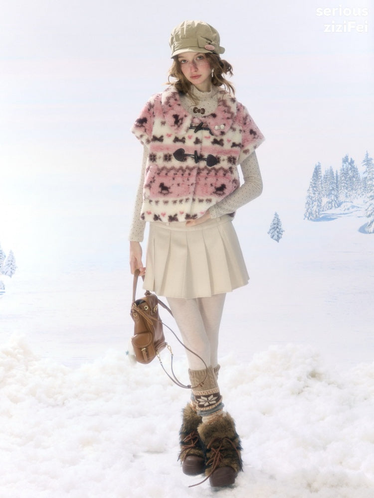 Toggle Button Fuzzy Pink Short Sleeve Vest【s0000018925】