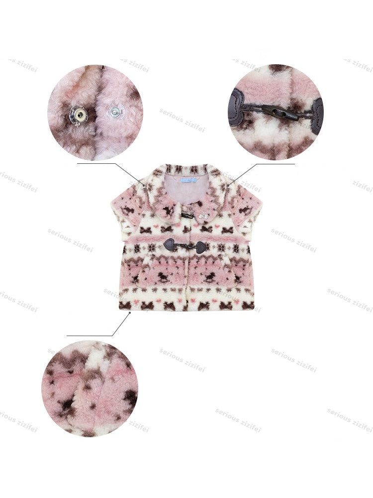 Toggle Button Fuzzy Pink Short Sleeve Vest【s0000018925】