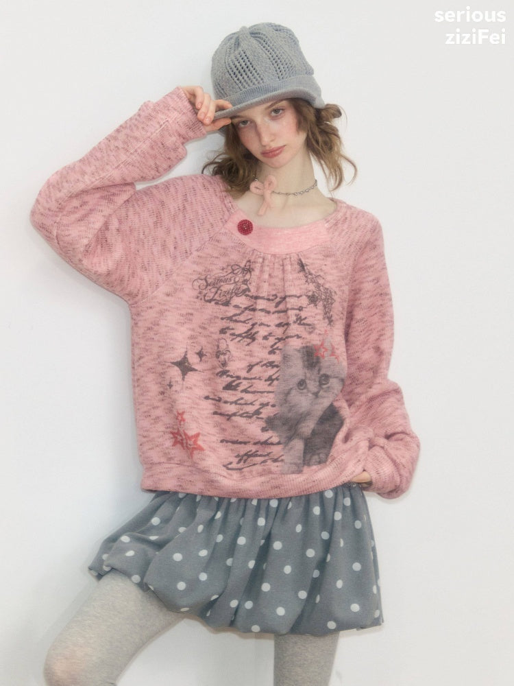 Vintage Distressed Cat Print Pink Lazy Style Sweatshirt【s0000018926】