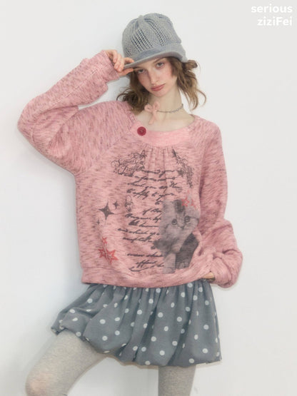 Vintage Distressed Cat Print Pink Lazy Style Sweatshirt【s0000018926】