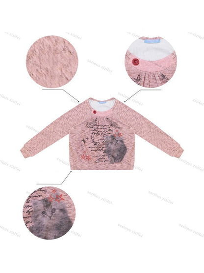 Vintage Distressed Cat Print Pink Lazy Style Sweatshirt【s0000018926】