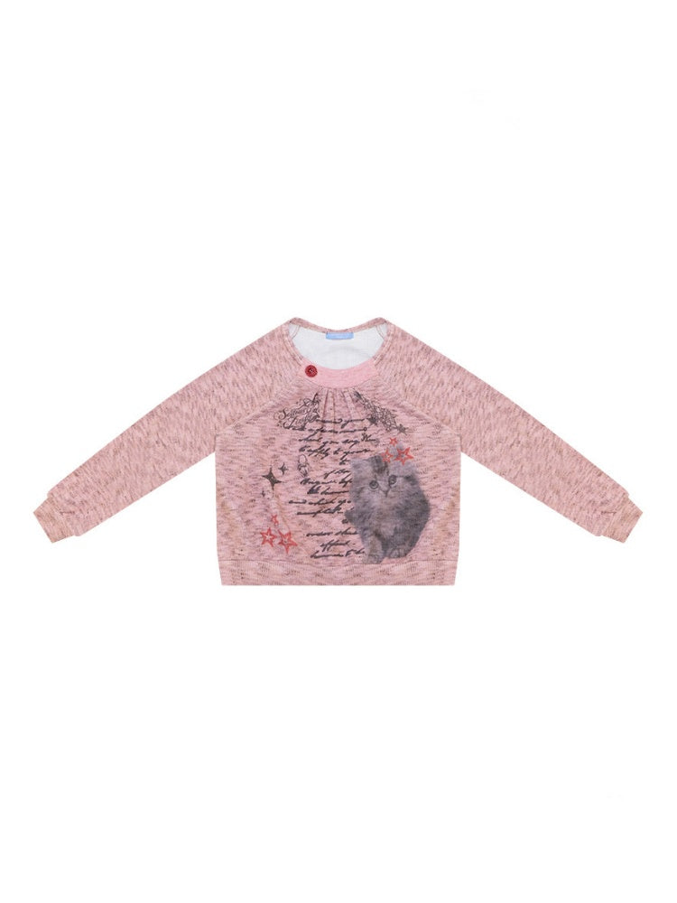 Vintage Distressed Cat Print Pink Lazy Style Sweatshirt【s0000018926】