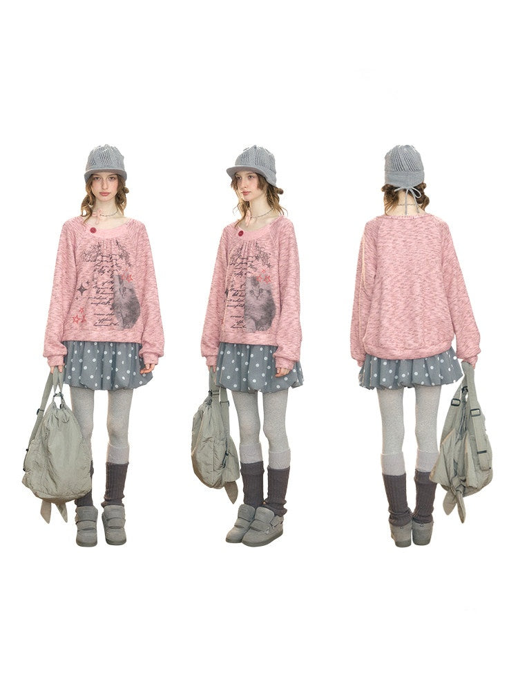 Vintage Distressed Cat Print Pink Lazy Style Sweatshirt【s0000018926】