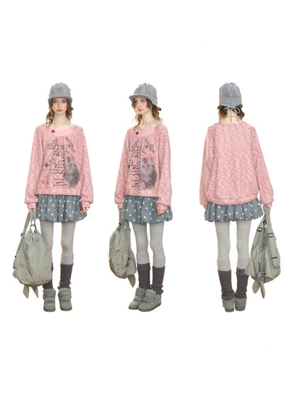 Vintage Distressed Cat Print Pink Lazy Style Sweatshirt【s0000018926】