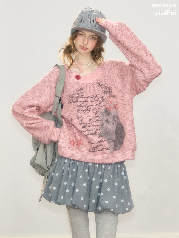 Vintage Distressed Cat Print Pink Lazy Style Sweatshirt【s0000018926】