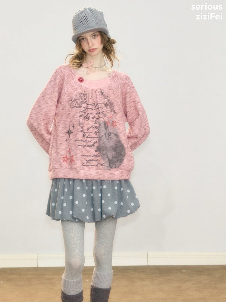 Vintage Distressed Cat Print Pink Lazy Style Sweatshirt【s0000018926】