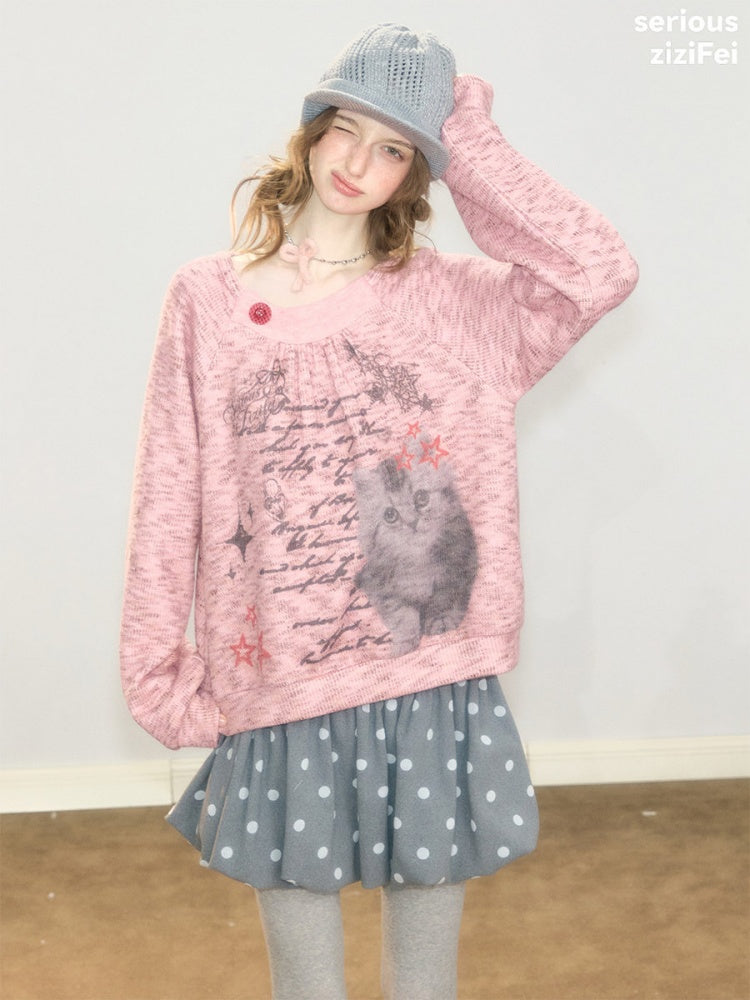 Vintage Distressed Cat Print Pink Lazy Style Sweatshirt【s0000018926】