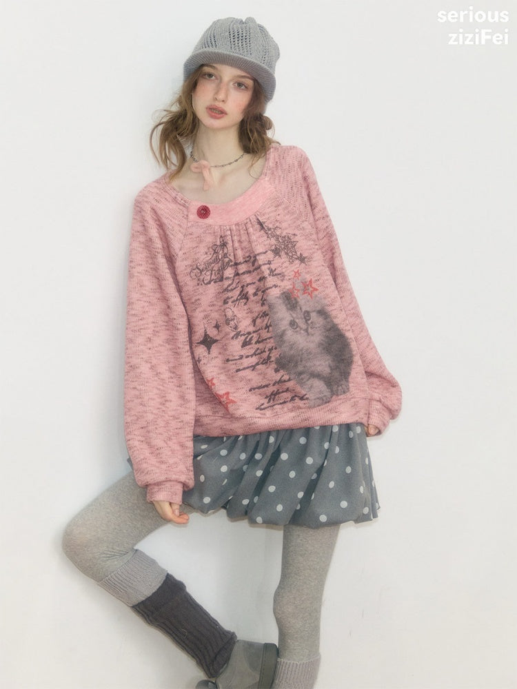 Vintage Distressed Cat Print Pink Lazy Style Sweatshirt【s0000018926】
