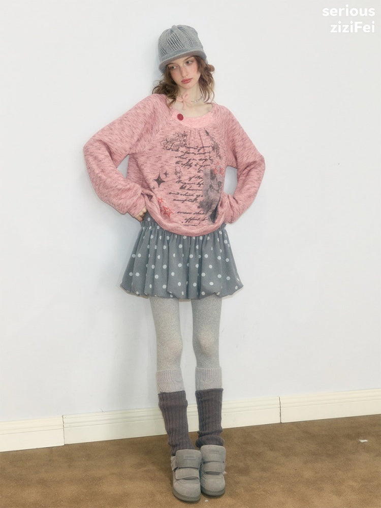 Vintage Distressed Cat Print Pink Lazy Style Sweatshirt【s0000018926】