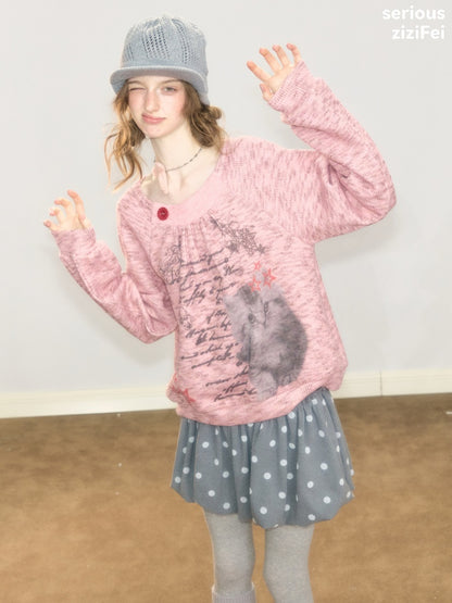 Vintage Distressed Cat Print Pink Lazy Style Sweatshirt【s0000018926】