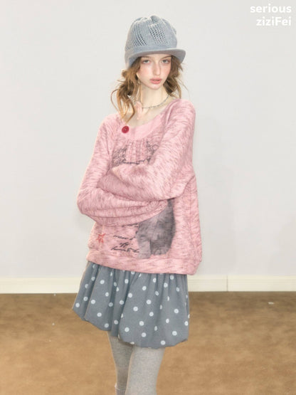 Vintage Distressed Cat Print Pink Lazy Style Sweatshirt【s0000018926】