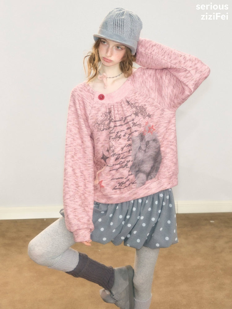Vintage Distressed Cat Print Pink Lazy Style Sweatshirt【s0000018926】