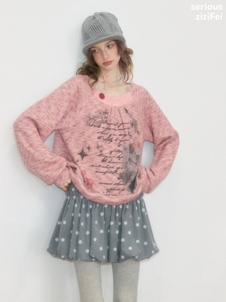 Vintage Distressed Cat Print Pink Lazy Style Sweatshirt【s0000018926】