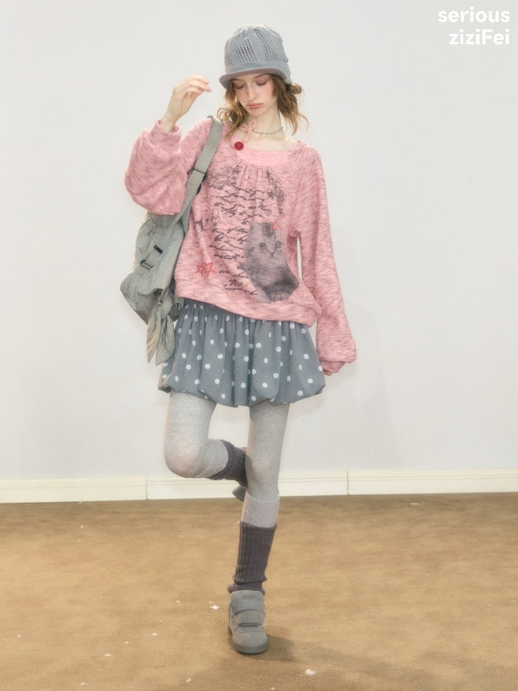 Vintage Distressed Cat Print Pink Lazy Style Sweatshirt【s0000018926】