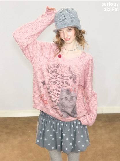 Vintage Distressed Cat Print Pink Lazy Style Sweatshirt【s0000018926】