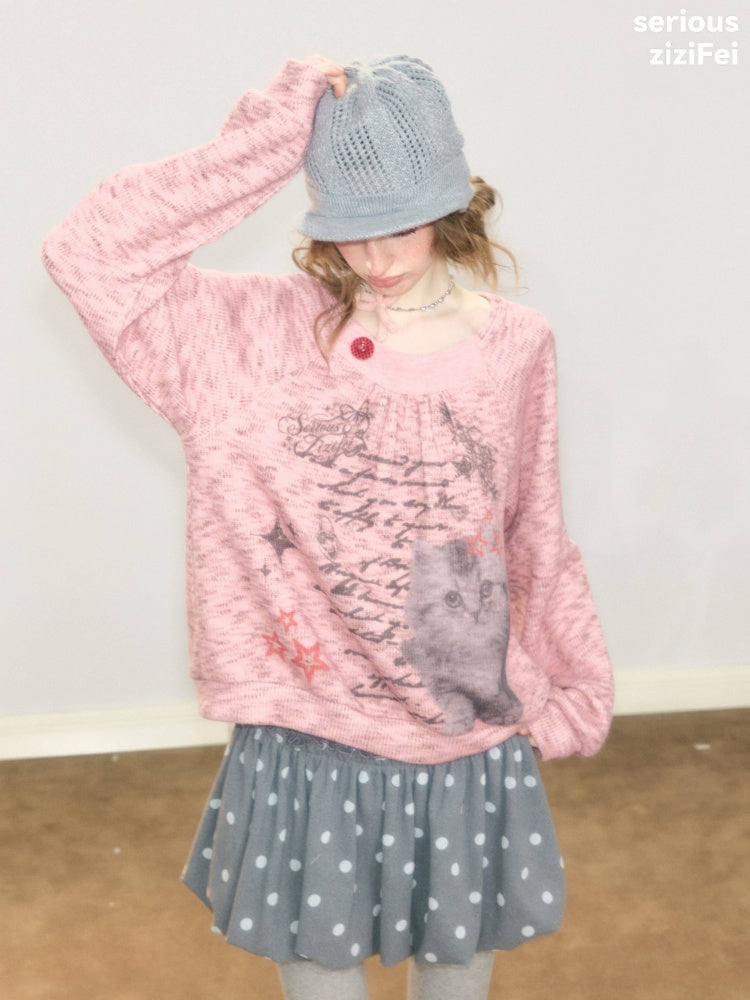 Vintage Distressed Cat Print Pink Lazy Style Sweatshirt【s0000018926】