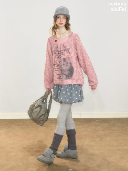 Vintage Distressed Cat Print Pink Lazy Style Sweatshirt【s0000018926】
